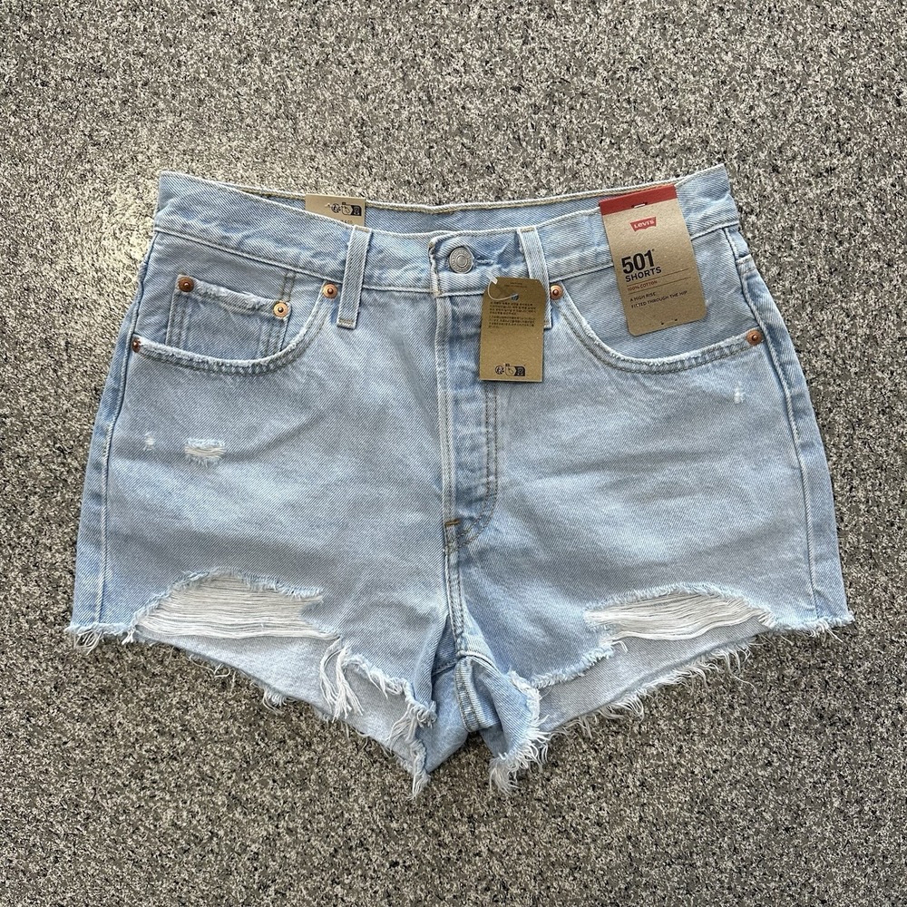 Levis 501 Jean Shorts Womens 29 High Rise Distressed Denim Frayed Light Wash - Picture 1 of 6